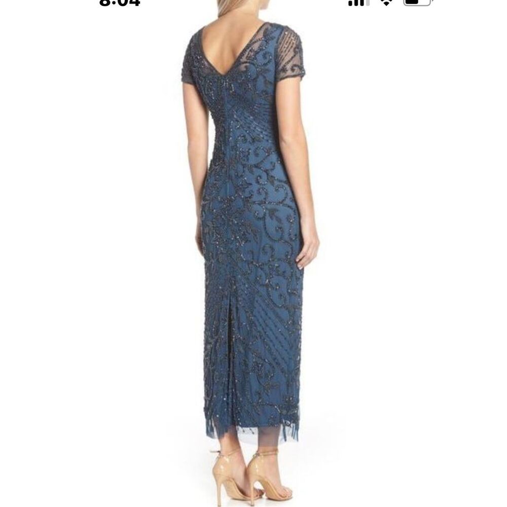 Pisarro Nights Sapphire Beaded Mesh V-Neck Short Sleeve Formal Gown Size 4 - Picture 2 of 14